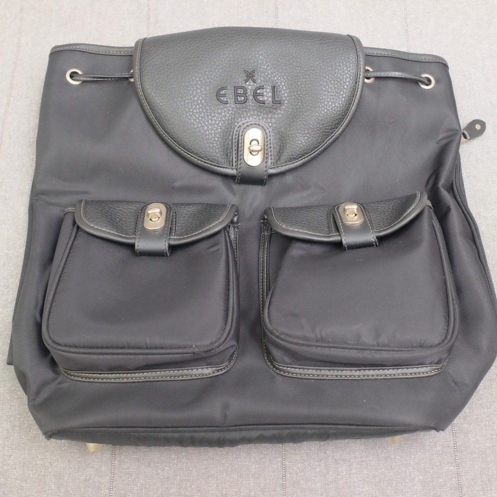 Ebel Black Nylon Faux Leather Turn Lock Cinch Top Travel Backpack